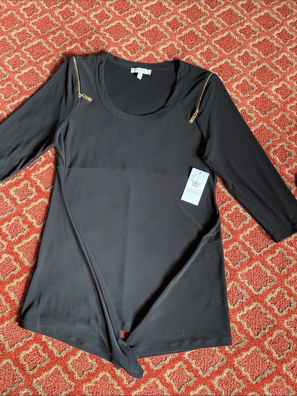 Chaus Black Long-Sleeve Twist Front Top with Gold Zipper Detail
